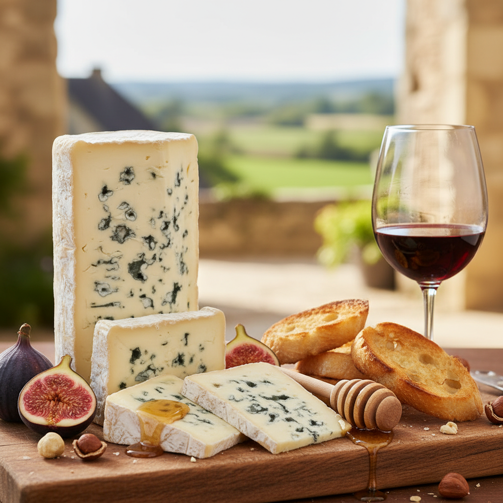 Fourme d'Ambert blue cheese on a rustic wooden board with figs, honey and wine